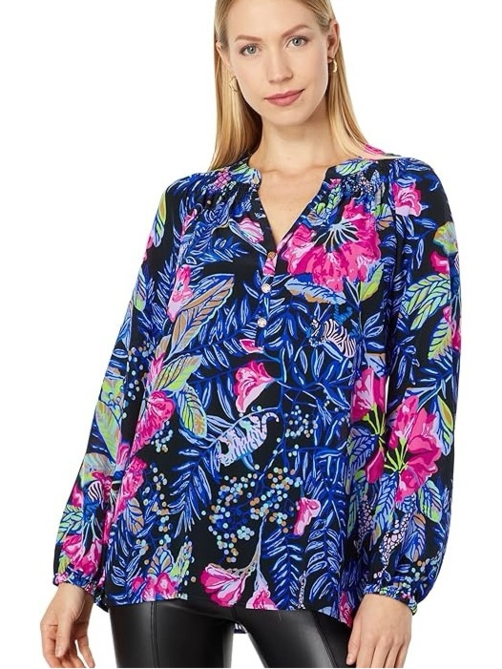 Lilly Pulitzer Multi Floral Button-Front V-Neck Long Sleeve Blouse EUC SMALL